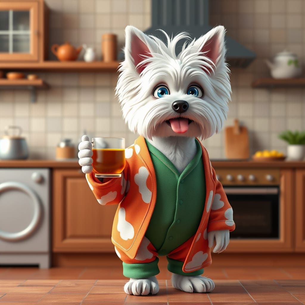Vibrant 3D Digital Art of a Laid-Back White Maltese Dog in a...