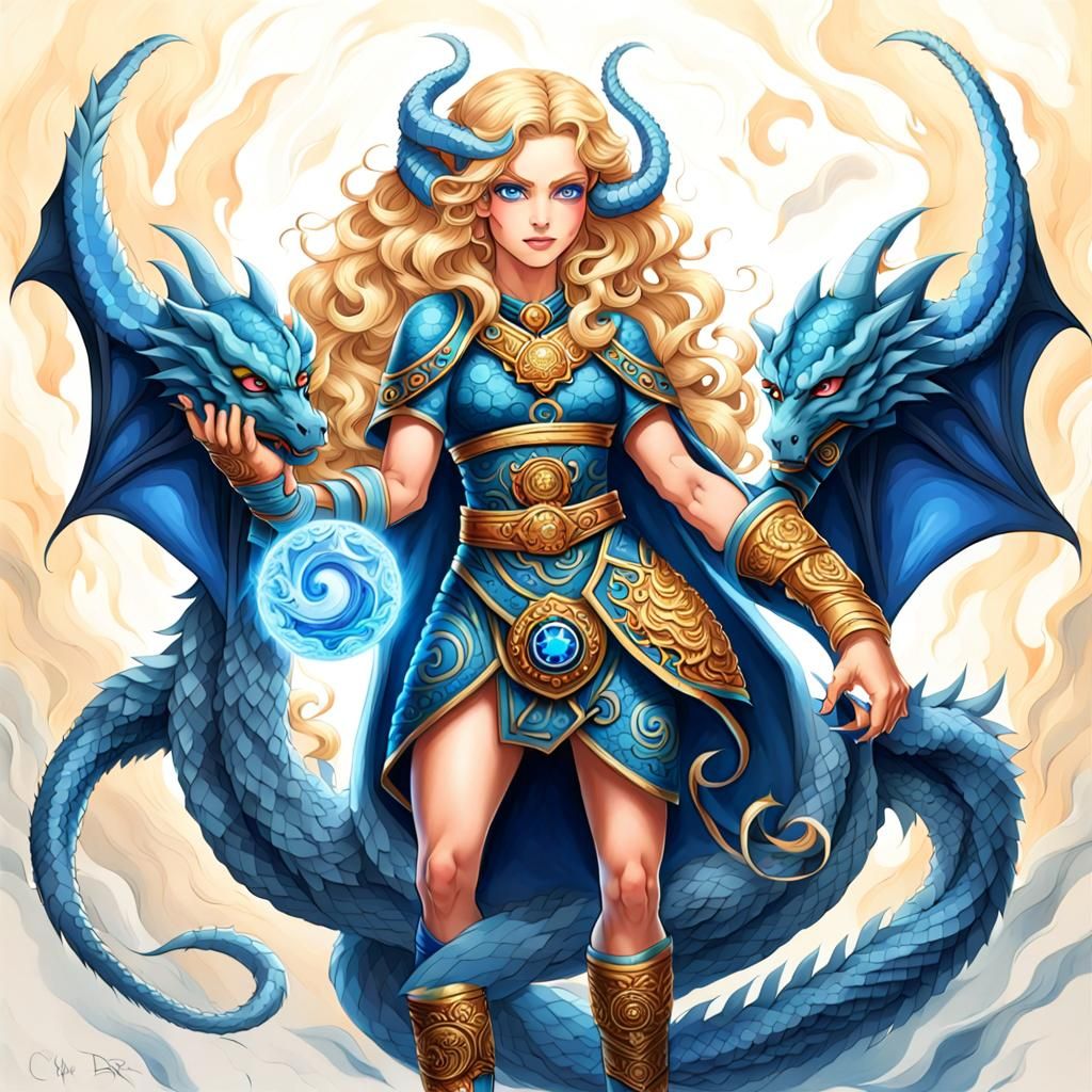 Voluptuous blonde curly hair blue eyes Curvy
big eye miss arms using the twin dragon fist technique summons a pair...