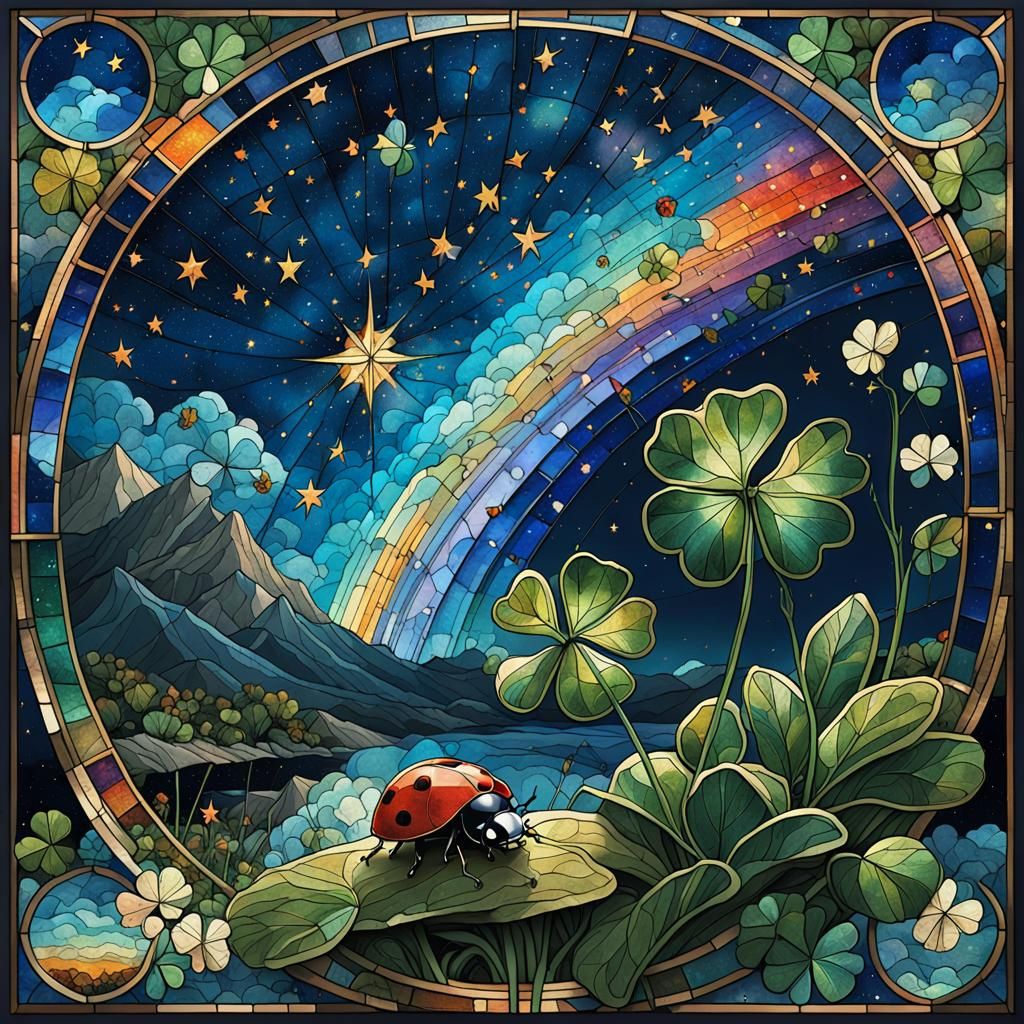 Four-Leaf Clovers at Rainbow's End: Fantasy Illustration