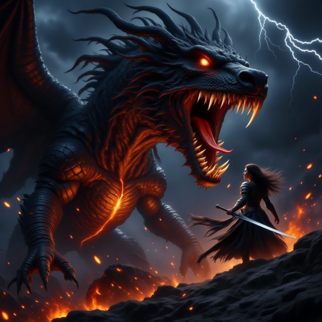 Dragon vs Warrior on Stormy Peak