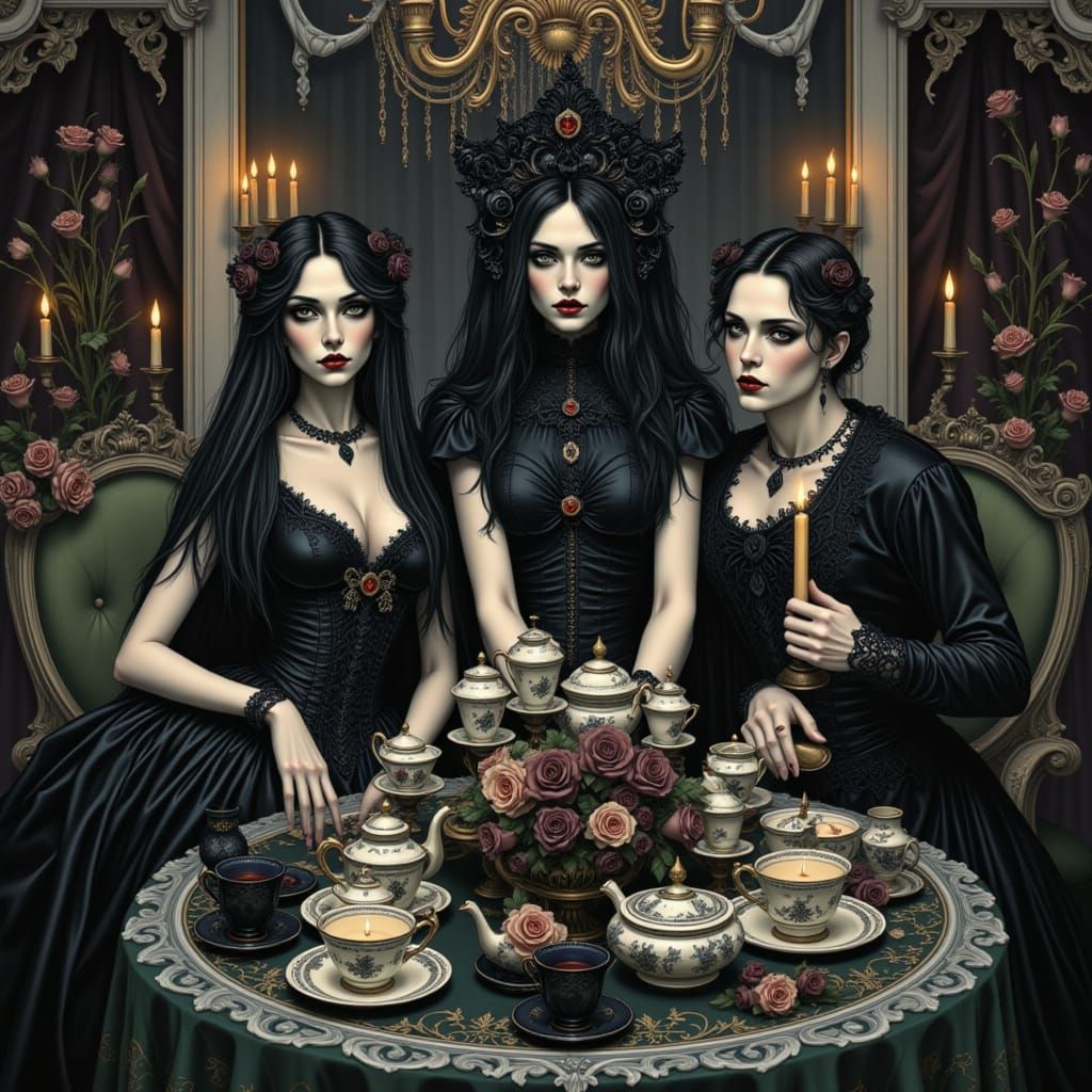 Gothic Victorian Tea Party in Elegant Black Attire