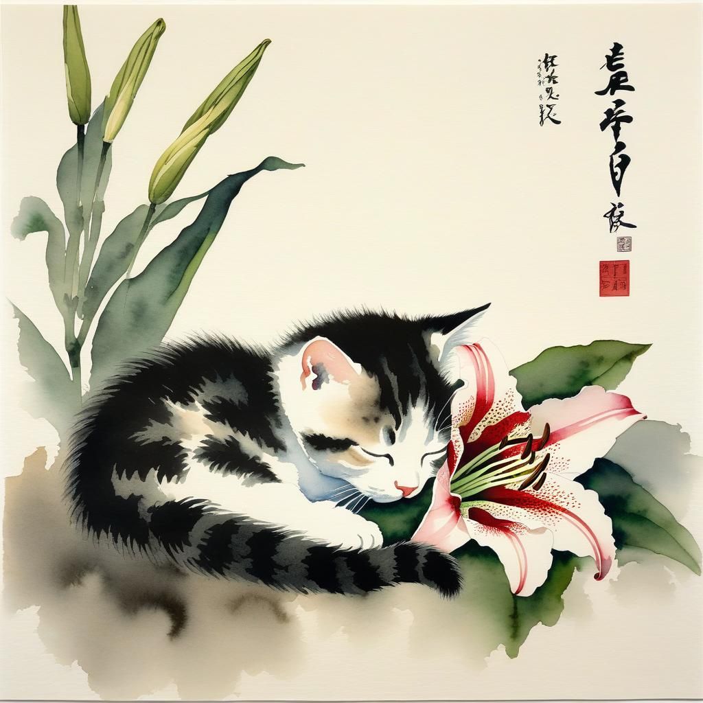 Kitten Sleeping Next to Lily in Sumi-e Style