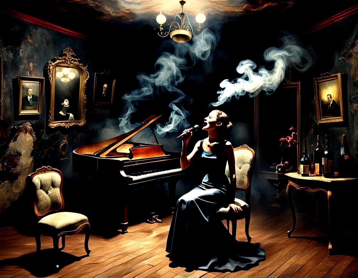 Singer in Smoky Room: Surreal 3D Rendering