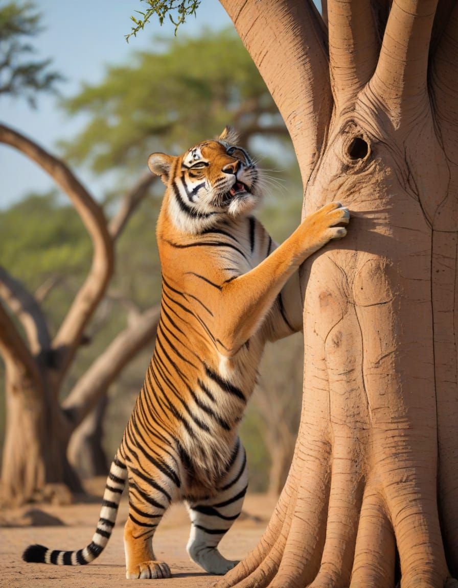 Tiger Scratches Baobab Tree Trunk in the African Veldt