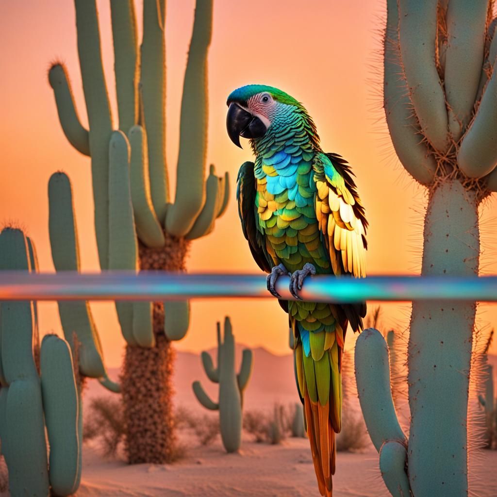 Holographic Parrot in Desert Golden Hour
