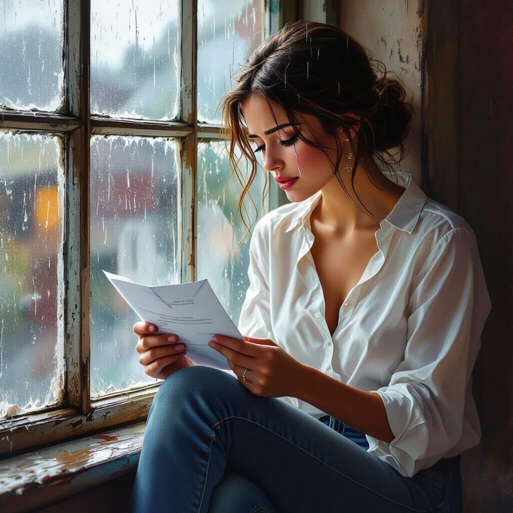Sorrowful Woman with Rejection Letter: Hyperrealistic Art