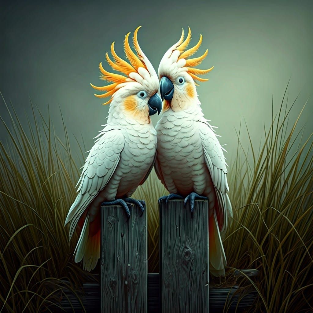 Cockatoo Pair in Surreal 3D Render