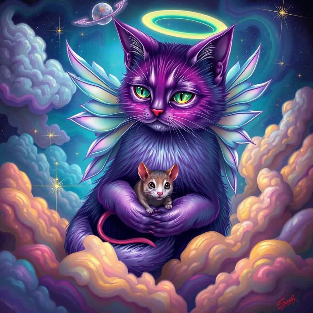 Psychedelic Angel Cat with Mouse in Cosmic Dreamscape