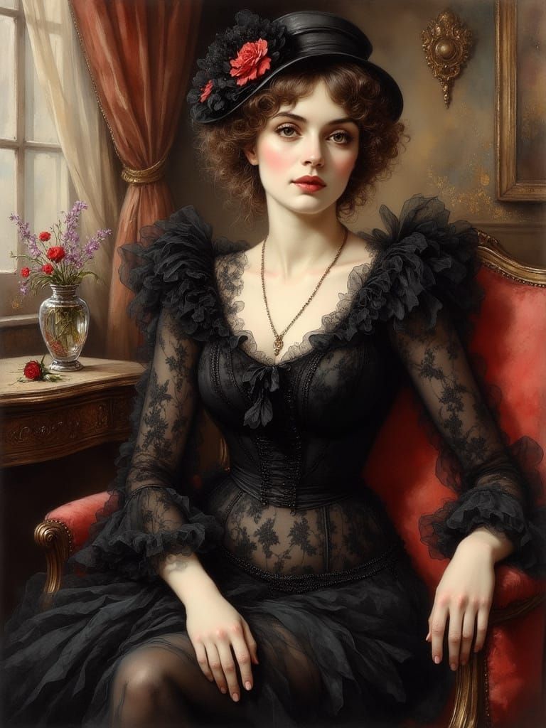 Elegant Woman in 19th Century Attire, Oil Painting in the St...