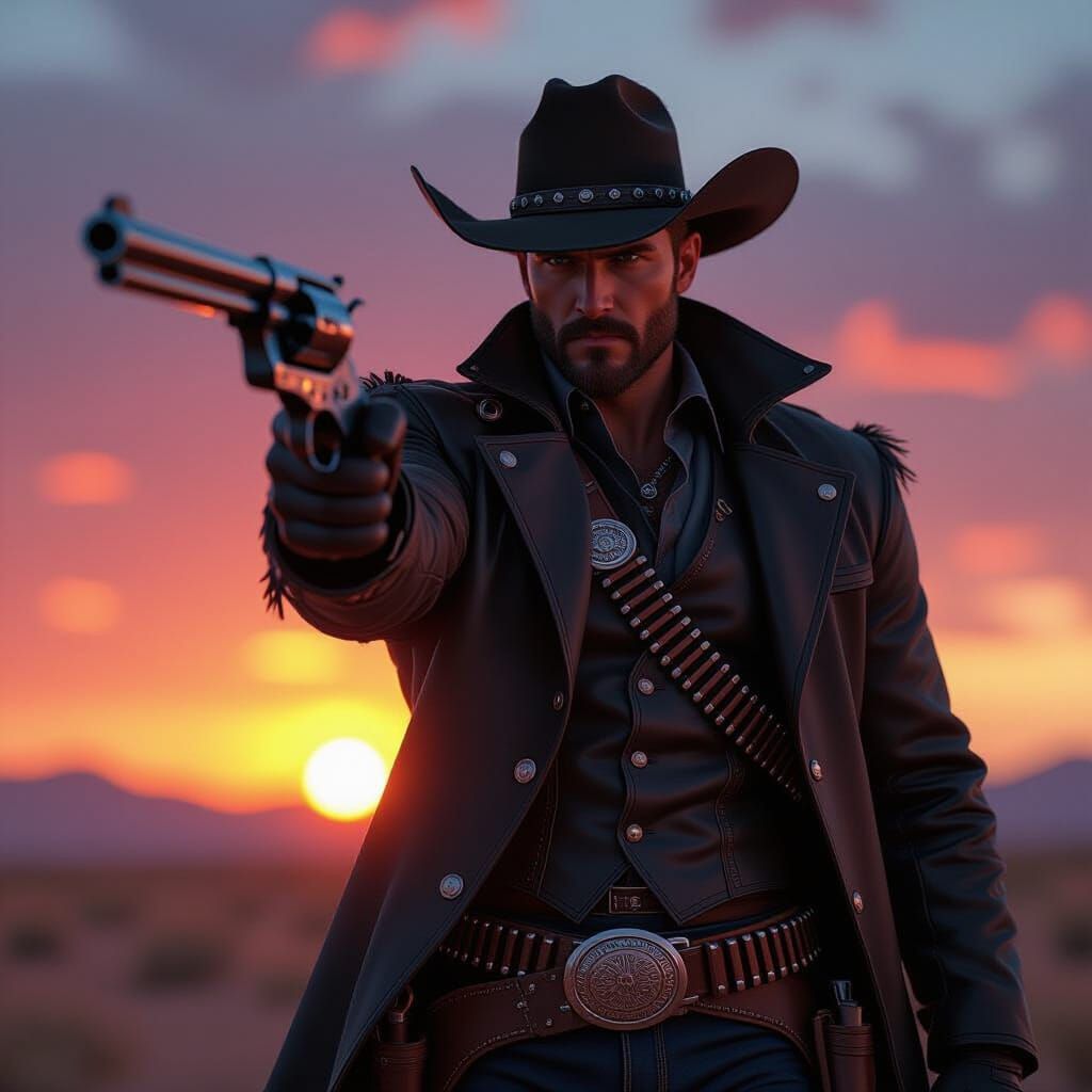 Cowboy Gunfighter in Desert Sunset: Fantasy Concept Art