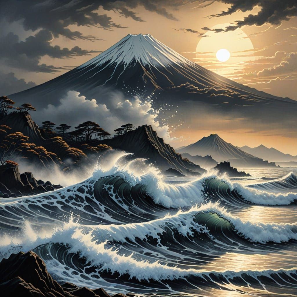 Suruga Bay Woodblock Print with Mount Fuji