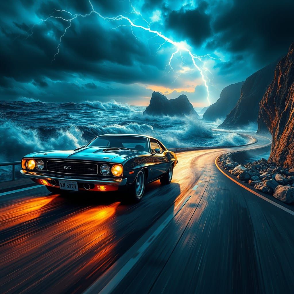 Electric Storm Muscle Car Speeds Along Coastal Road