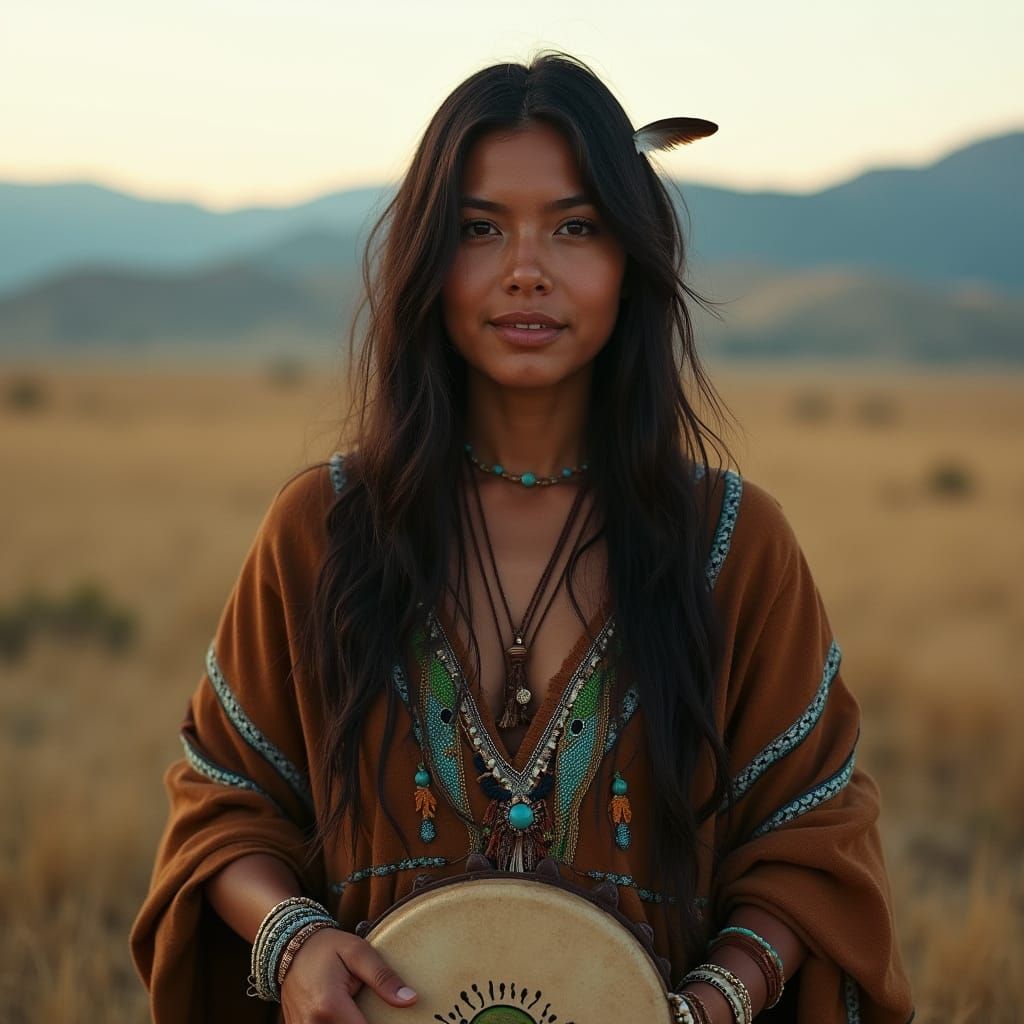 Hyper-Realistic Portrait of a Salish Woman in Montana Landsc...