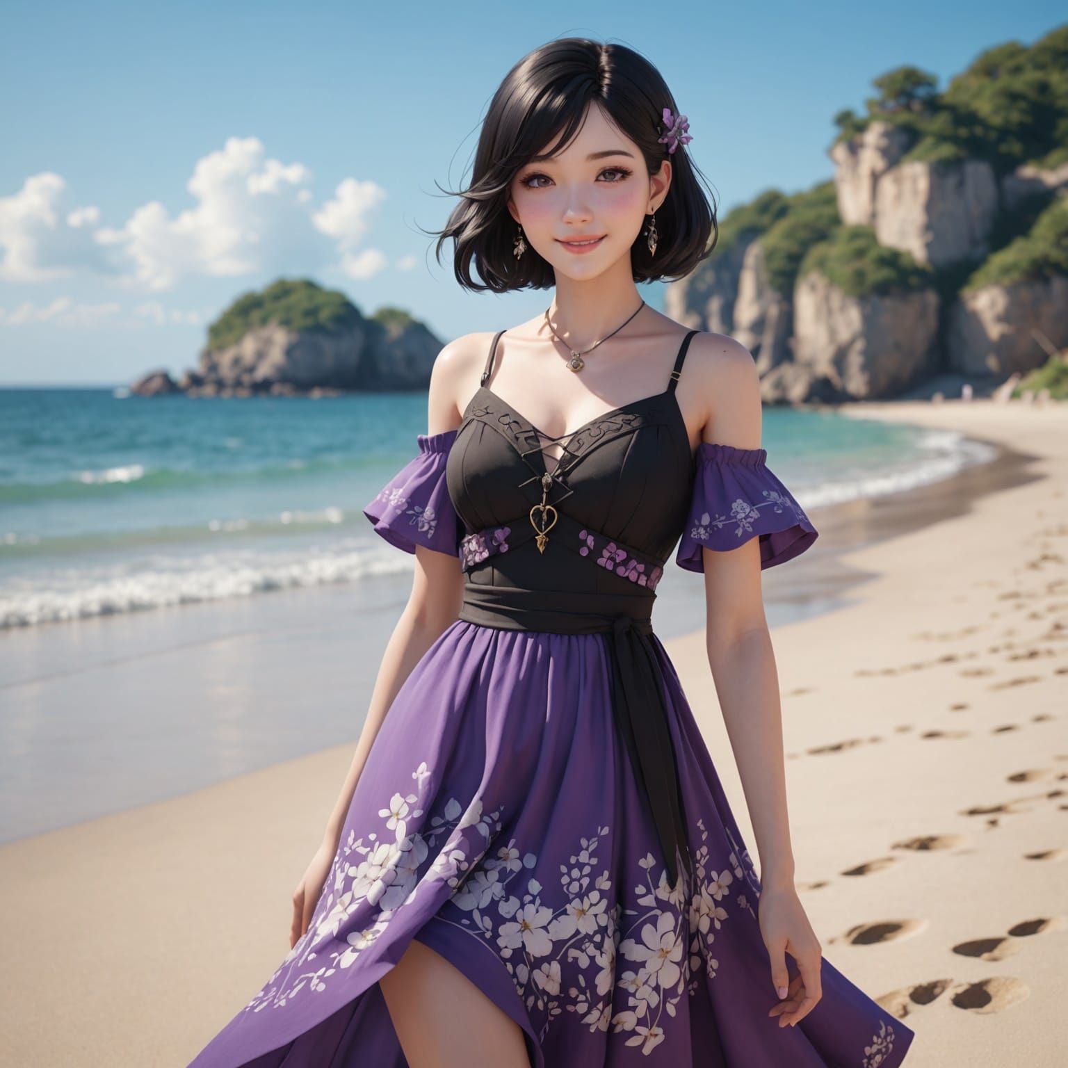 Anime Woman on Beach in 3D Style