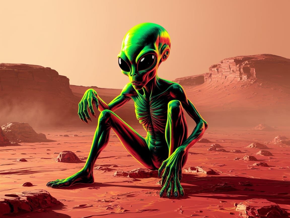 Neon Green Alien Camps on Mars as Impasto Painting