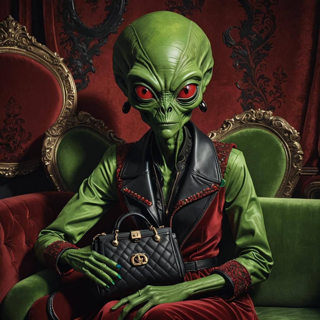 Vogue Cover: Green Alien with Purse on Couch