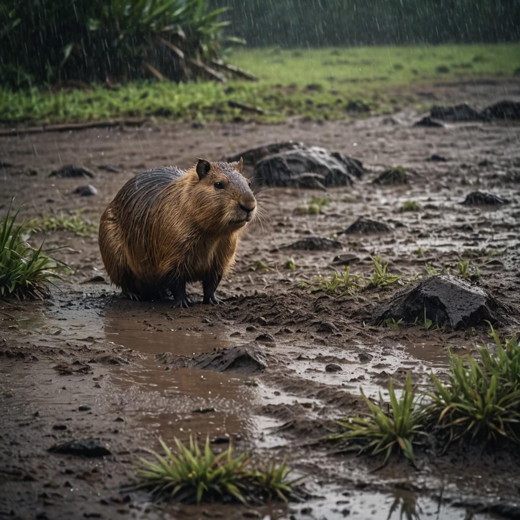 Capybara Burrowing in Rainy Cinematic Scene