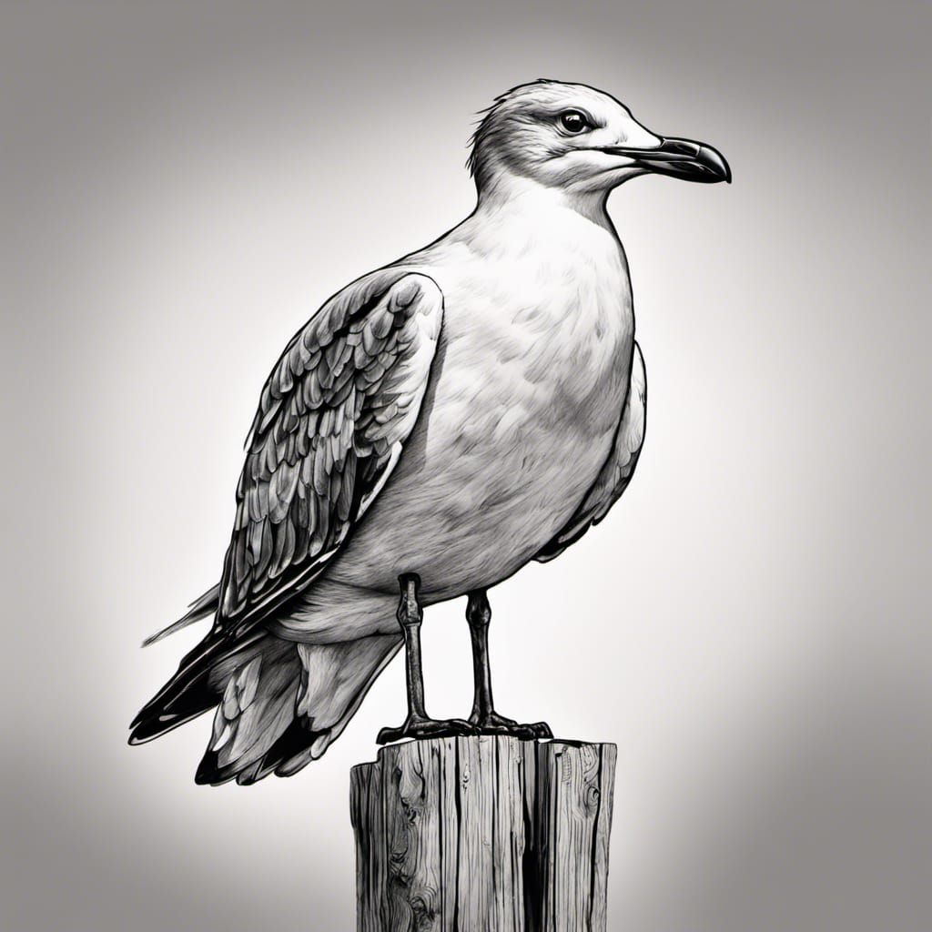 Hyperrealistic Ink Drawing of Seagull on Post