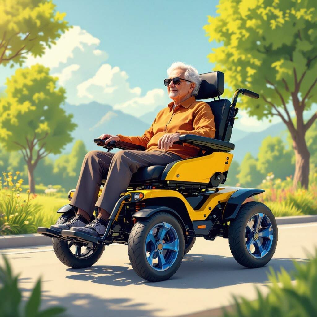 Elderly Person in Yellow & Black Electric Wheelchair Outdoor...