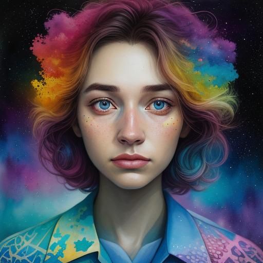 Surreal Scientist with Starry Mind in Watercolor