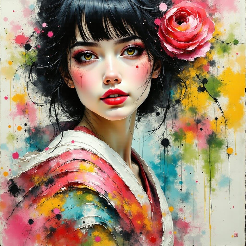 Fractured Oil Painting of a Japanese Woman