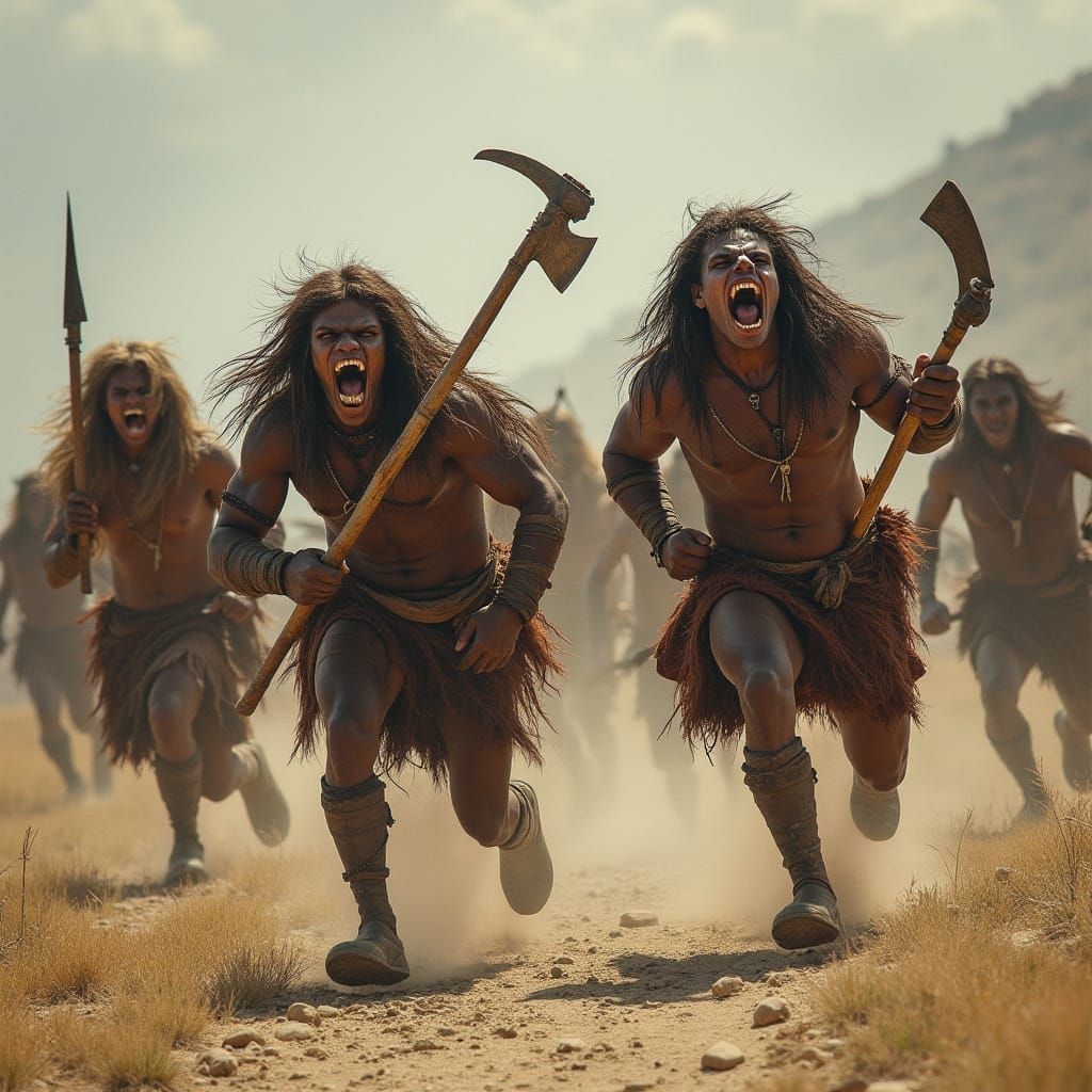 Primitive Warriors Running with Fanged Mouths in War Cries