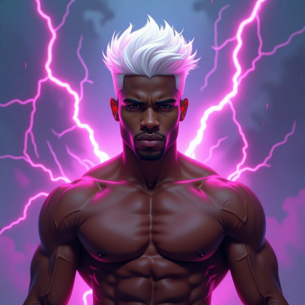 Powerful Black Man with White Hair Amidst Pink Lightning