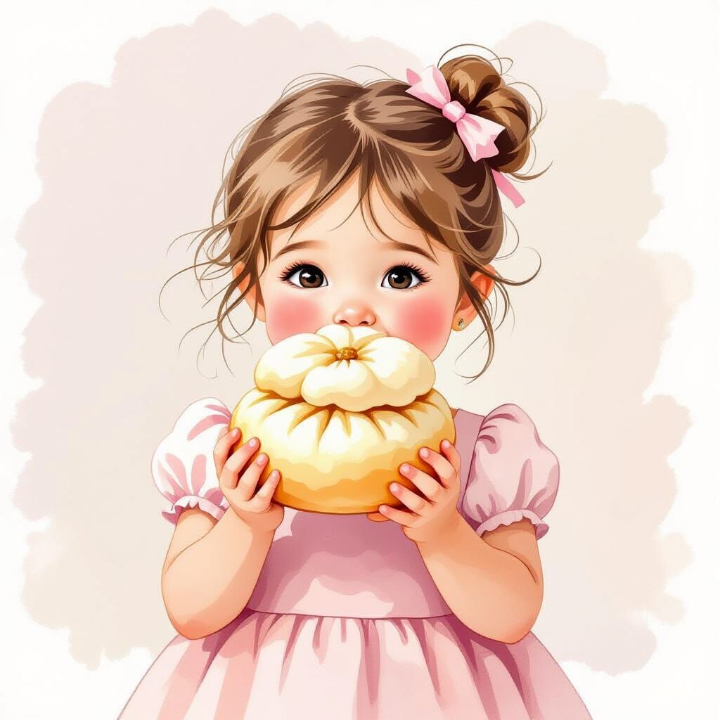 Girl with Pork Bun in Whimsical Watercolor Style