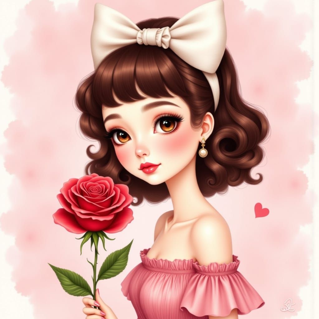 Cute Cartoon Girl with Rose, Miyazaki Style