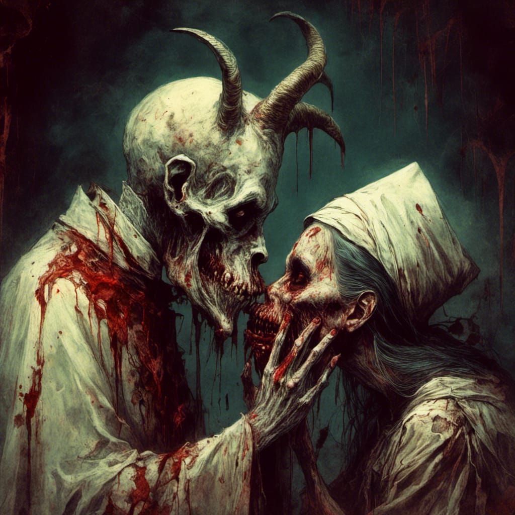Creepy Zombie Pope Kiss in Crypt Illustration