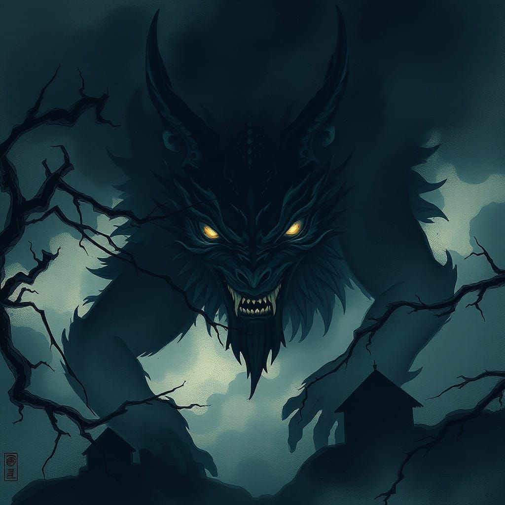 Ethereal Japanese Baku in Mystical, Ink Wash-Inspired Atmosp...