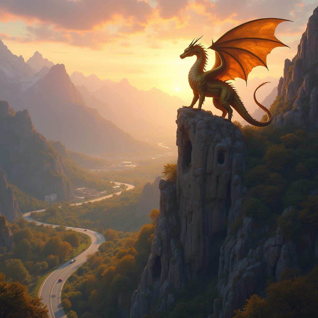 Ethereal Dawn Landscape with Majestic Winged Gold Dragon