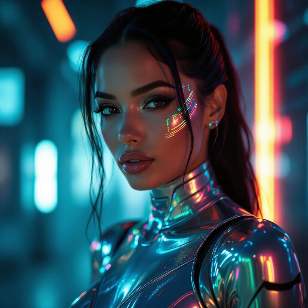Cybernetic Brazilian Woman with Holographic Reflections