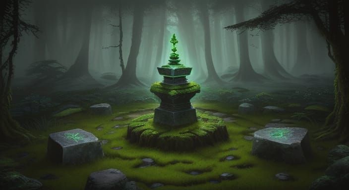 Mysterious Stone With Glowing Runes in Ancient Forest