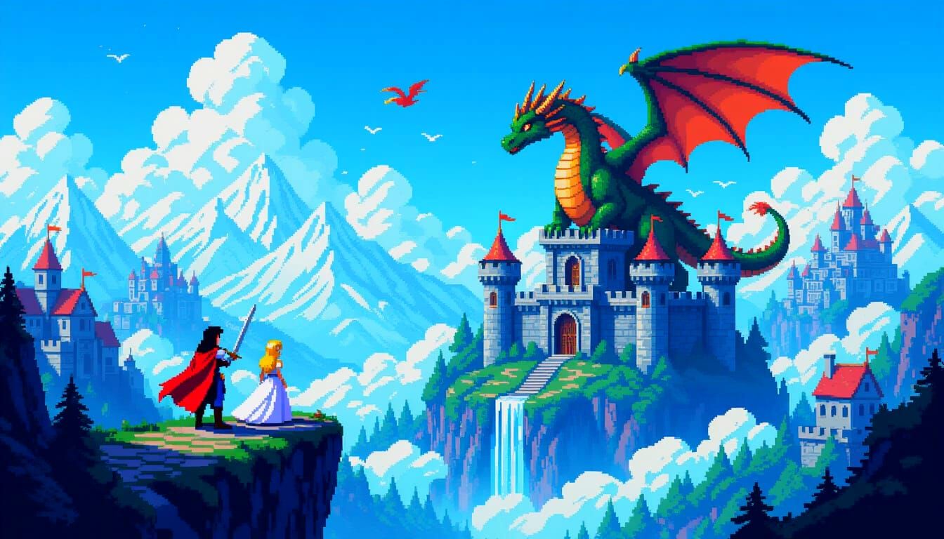 8-Bit Prince Saves Princess from Dragon in Flying Castle