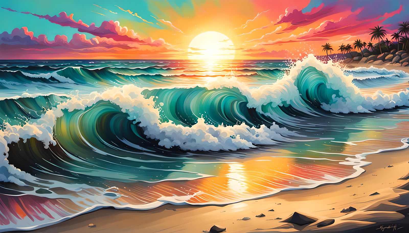 Sunrise Beach in Graffiti Art Style