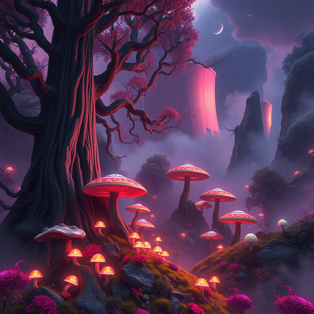 Enchanted Forest with Glowing Mushrooms, Fantasy Art