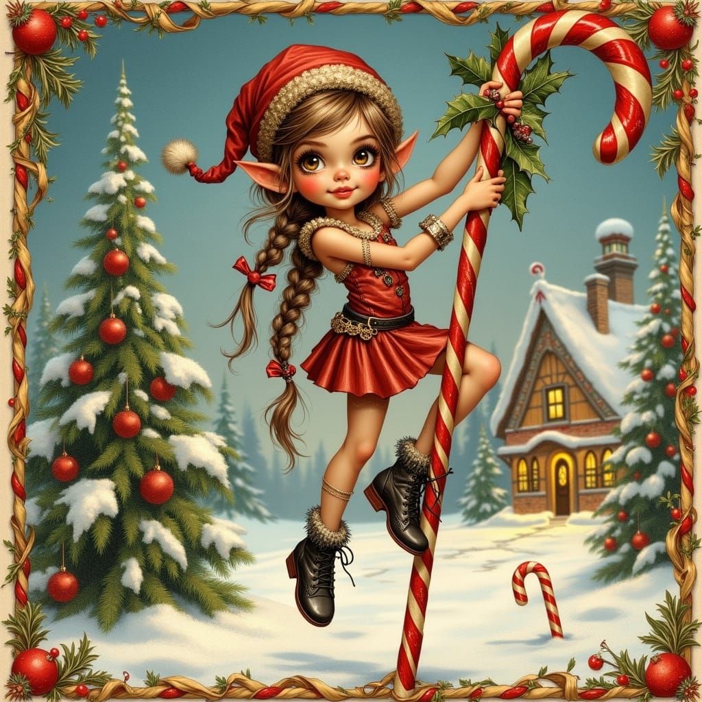 Whimsical Elf Girl at North Pole: Vintage Postcard