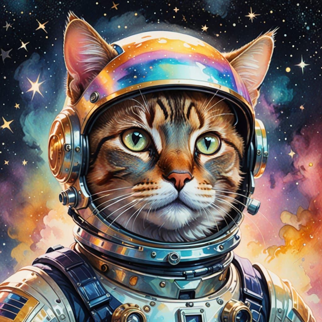 Whimsical Watercolor Cat in Space