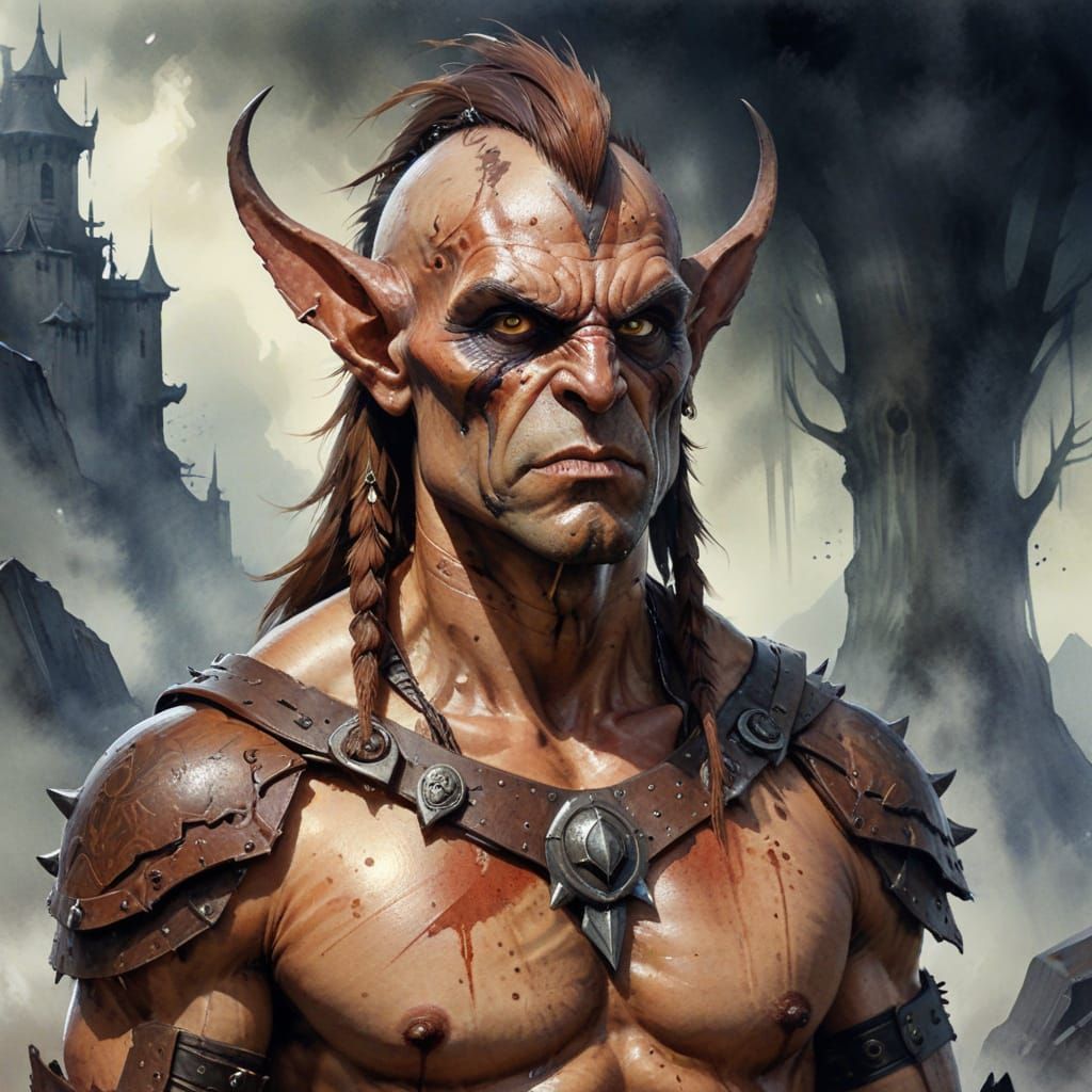 Aggressive Barbarian Portrait in Watercolor Style