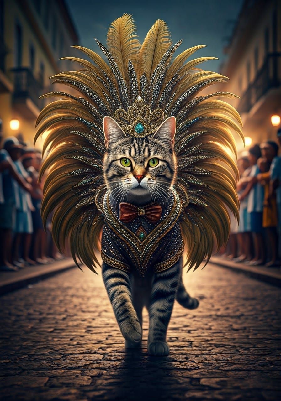 A cat wearing an elaborate Mardi Gras costume at the Rio Carnival