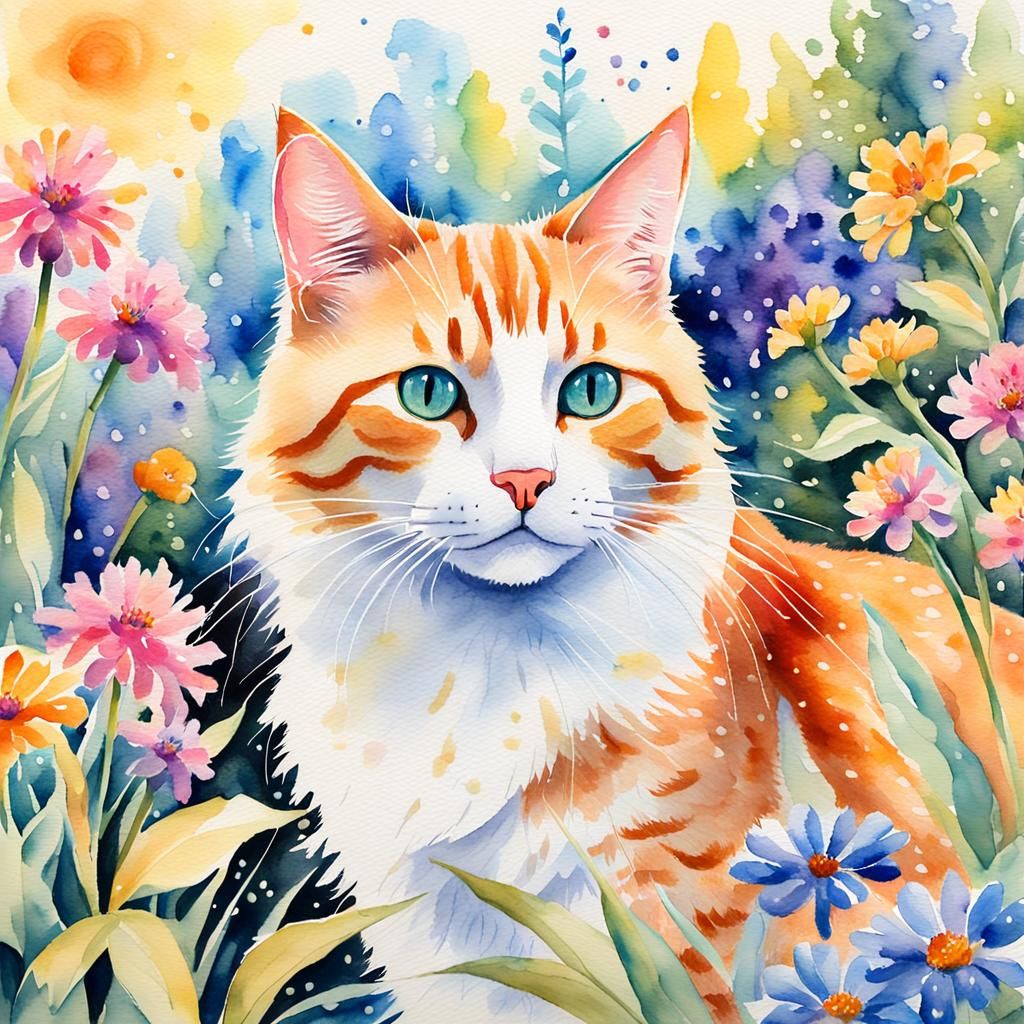 Whimsical Watercolor Cat Exploring a Flower Garden