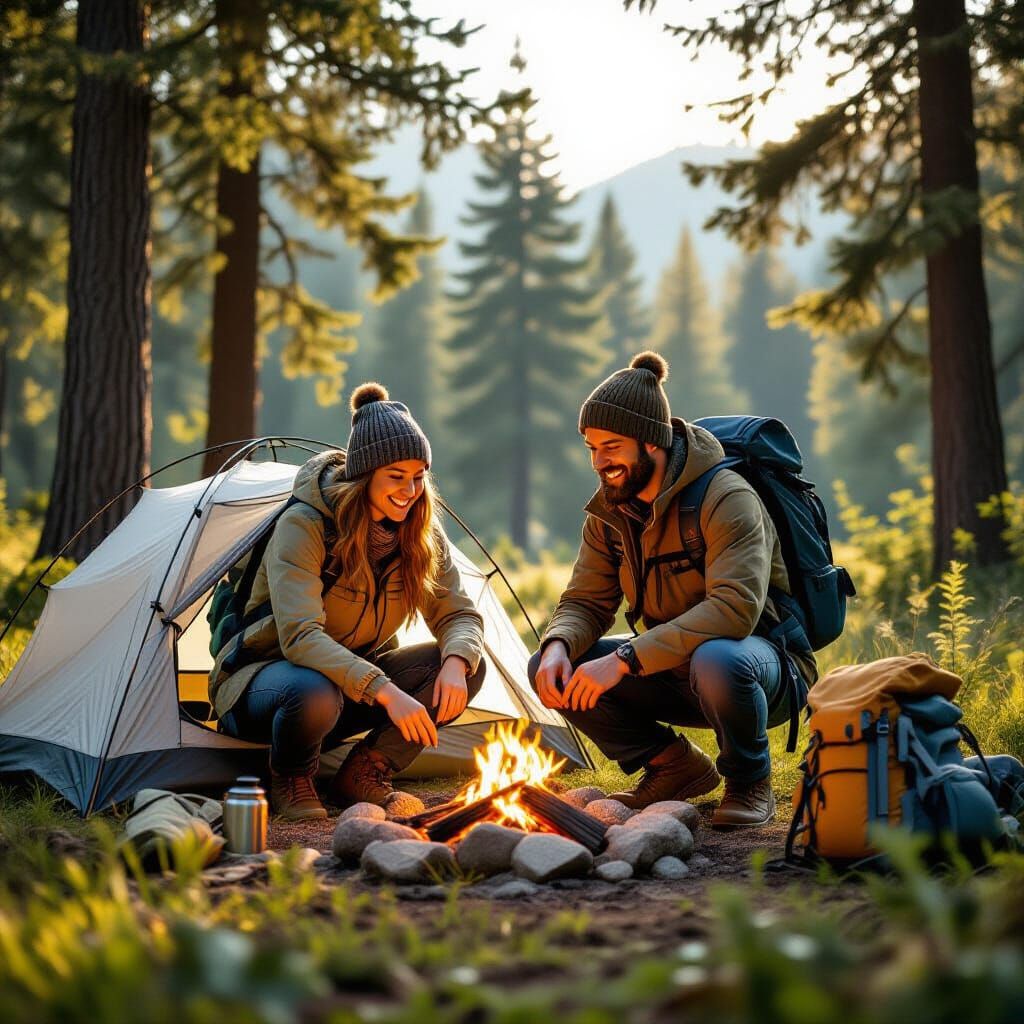 Friends Camping in Forest, Realistic Painting Style