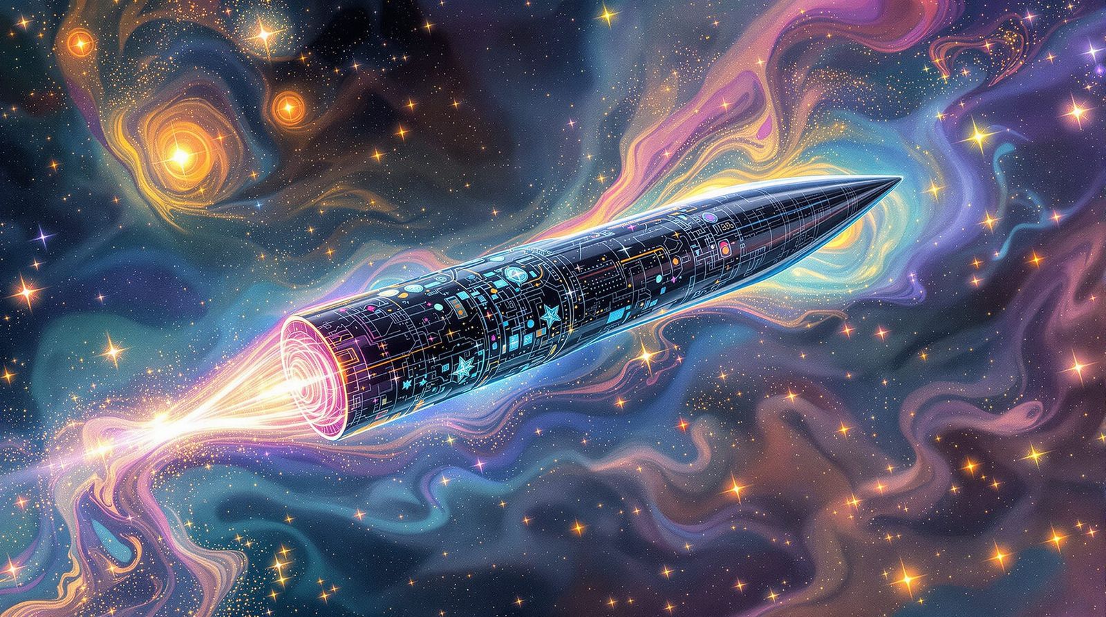 Klimt-Inspired Sci-Fi Cylinder in Psychedelic Nebula