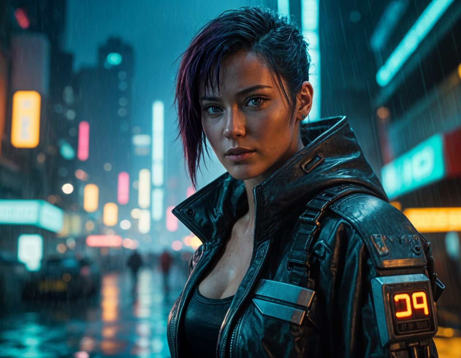 Cyberpunk Protagonist in Rainy Cityscape