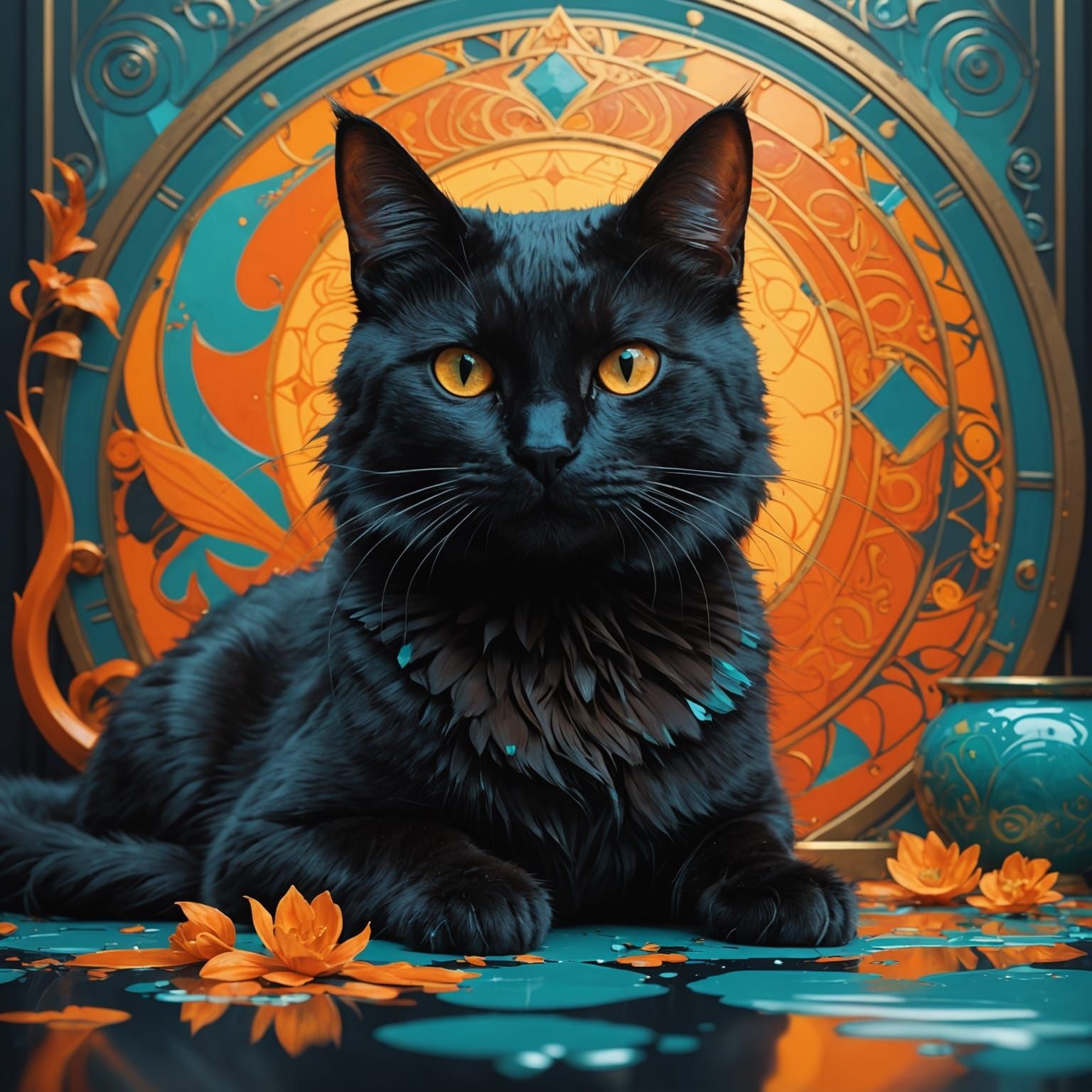 Hyperdetailed Black Cat Painting, Dynamic Lighting