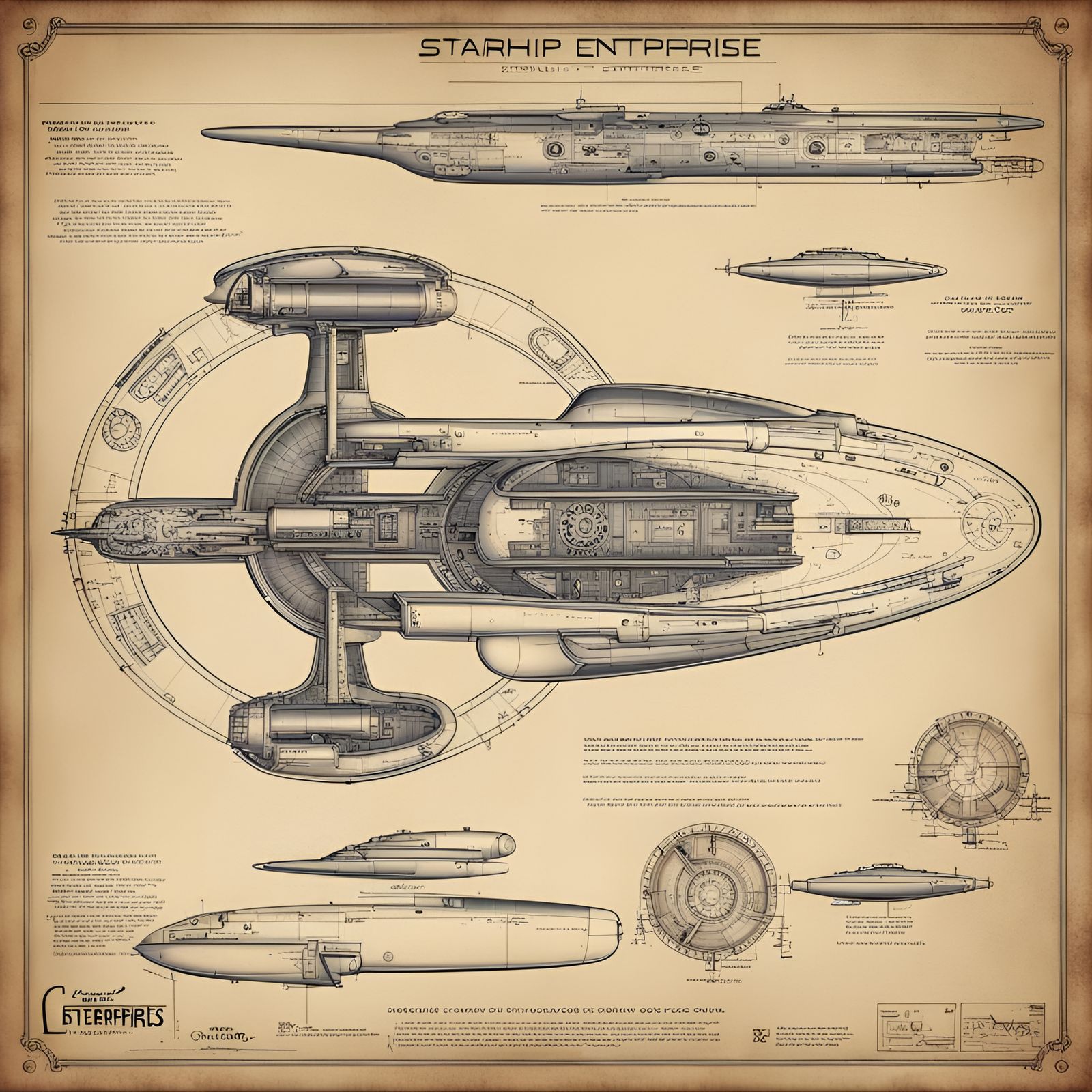 Steampunk Starship Enterprise Blueprint from the 1950s
