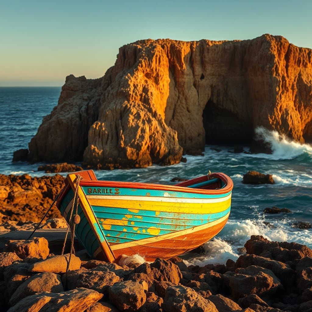 Portuguese Fishing Boat on Rocky Shoreline