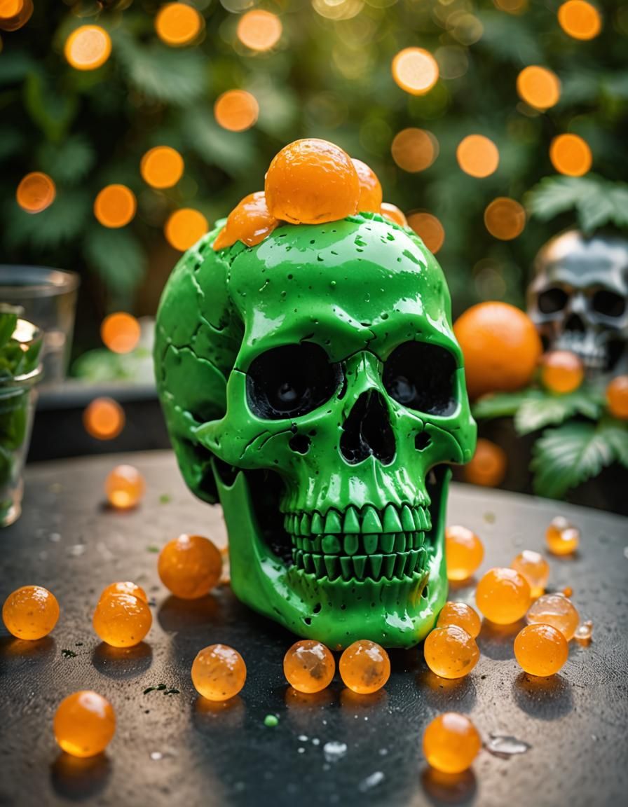 Green Skull Topped with Orange Ice Cream, Professional Photo...