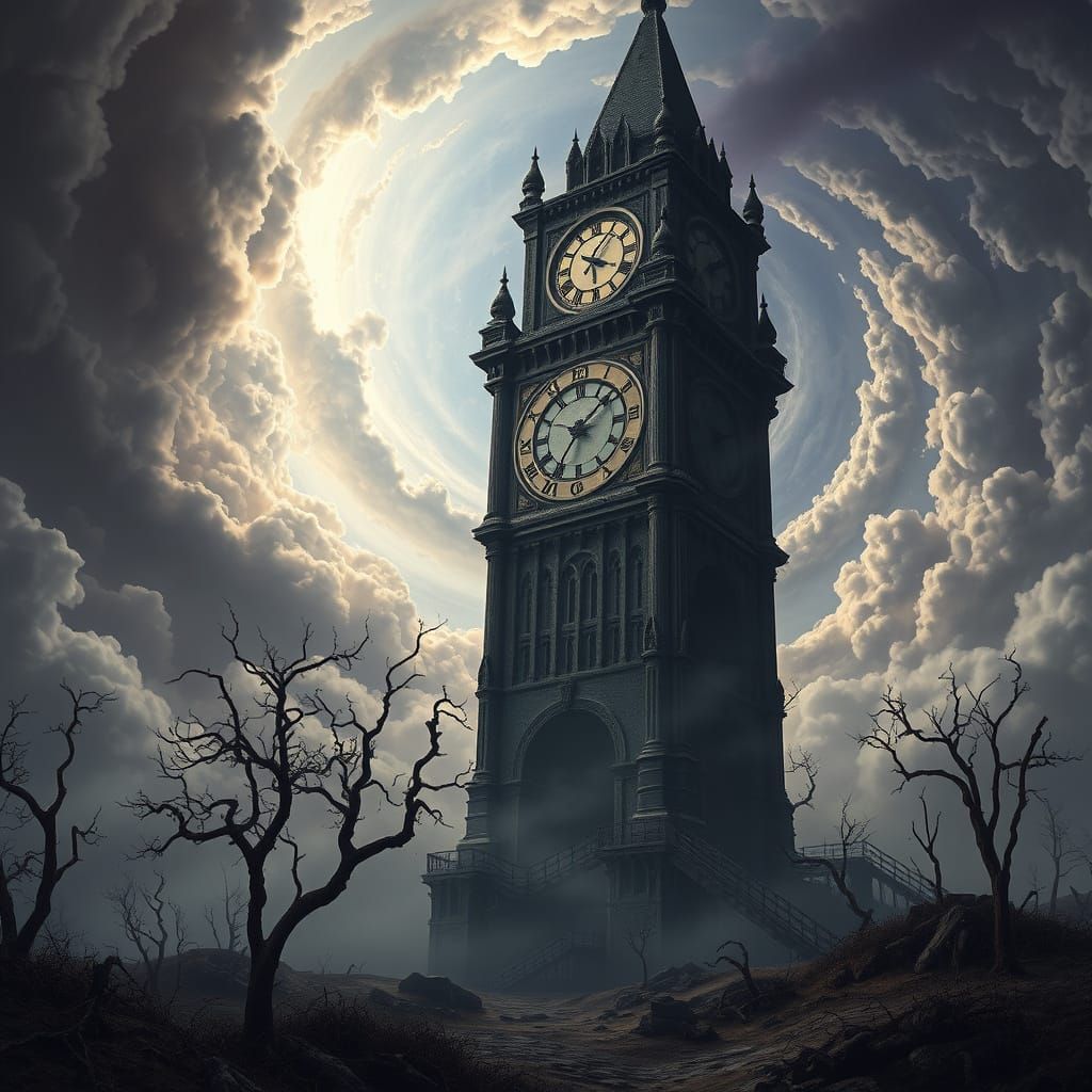 Spectral Clocktower in Swirling Clouds: Dark Fantasy Art